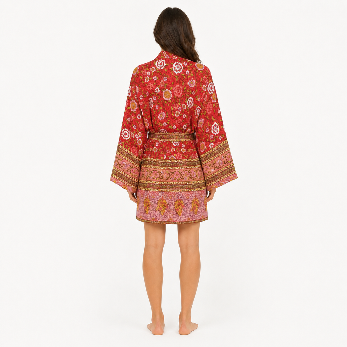 Kimono Femme Japonais Fleuri Rouge Court | Momiji
