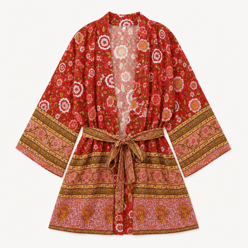 Kimono Femme Japonais Fleuri Rouge Court | Momiji