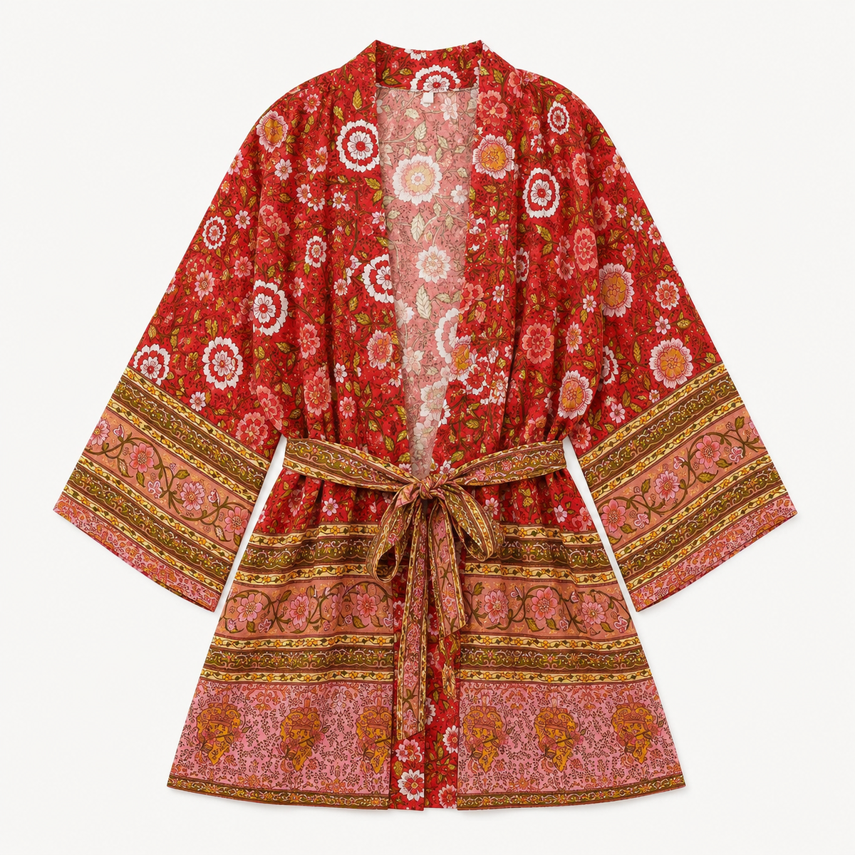 Kimono Femme Japonais Fleuri Rouge Court | Momiji