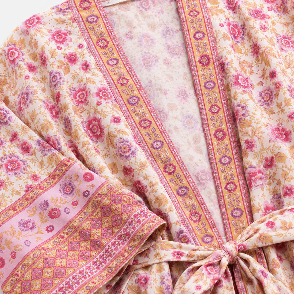 Kimono Long Femme Fleuri Crème Rosée | Mizuha