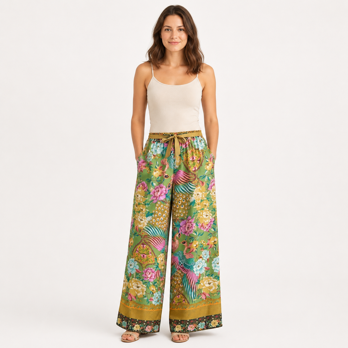 Pantalon Large Femme Fleuri Olive | Hanaka
