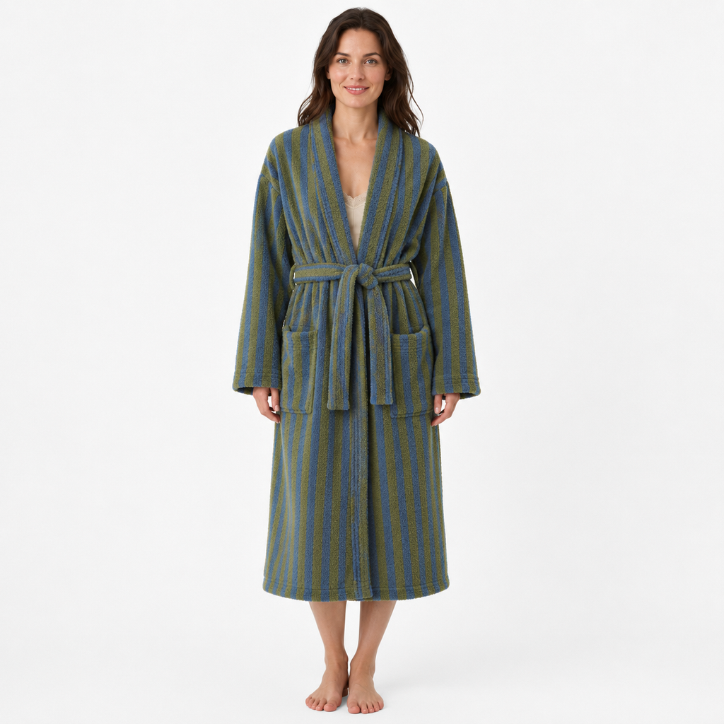 Peignoir Kimono Femme Polaire Bleu Vert Long | Mizuki