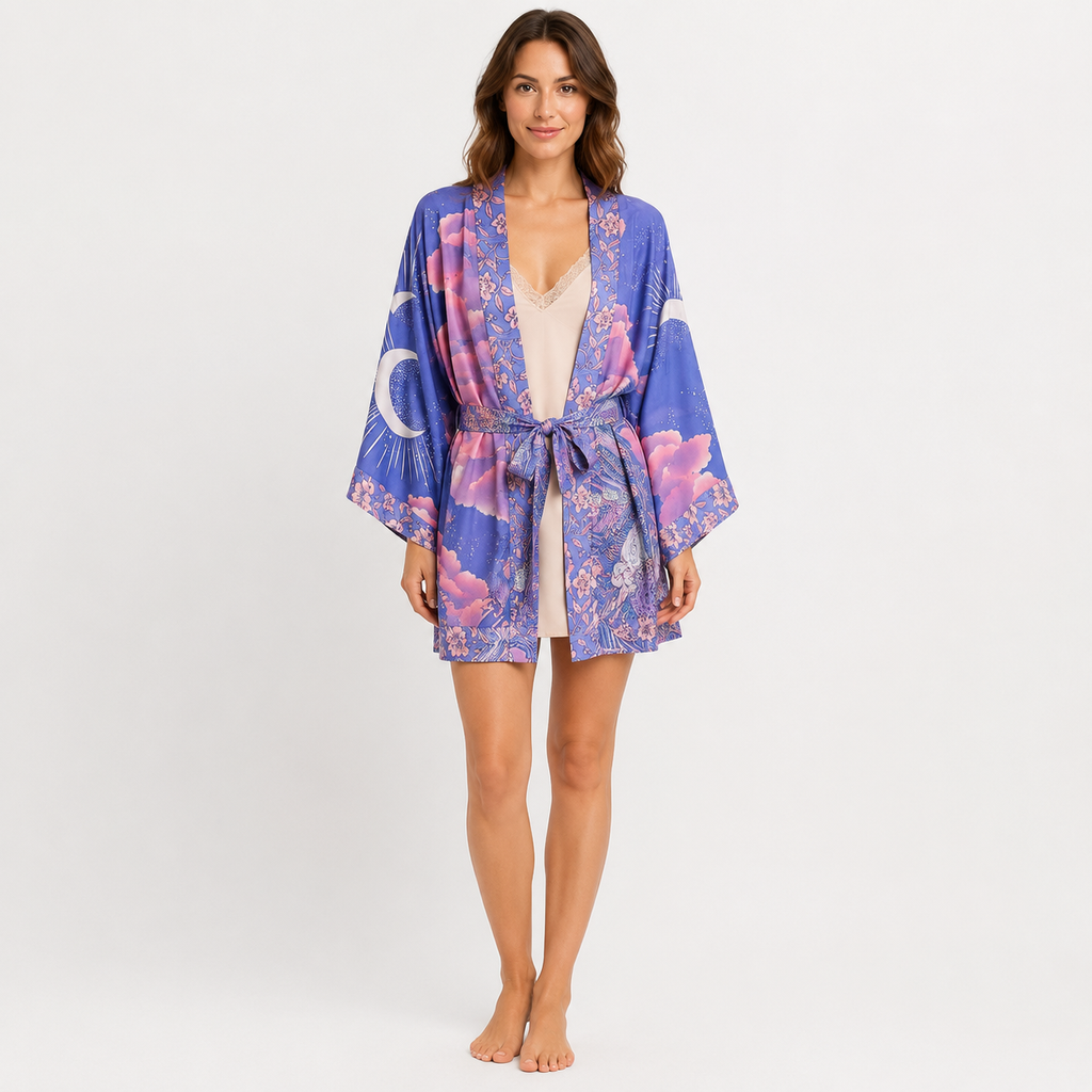 Kimono Court Femme Bleu Nuit Coton Japonais | Tsukiko