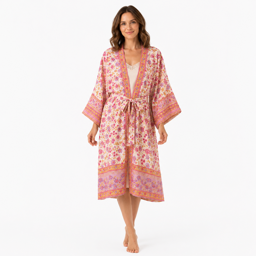 Kimono Long Femme Fleuri Crème Rosée | Mizuha