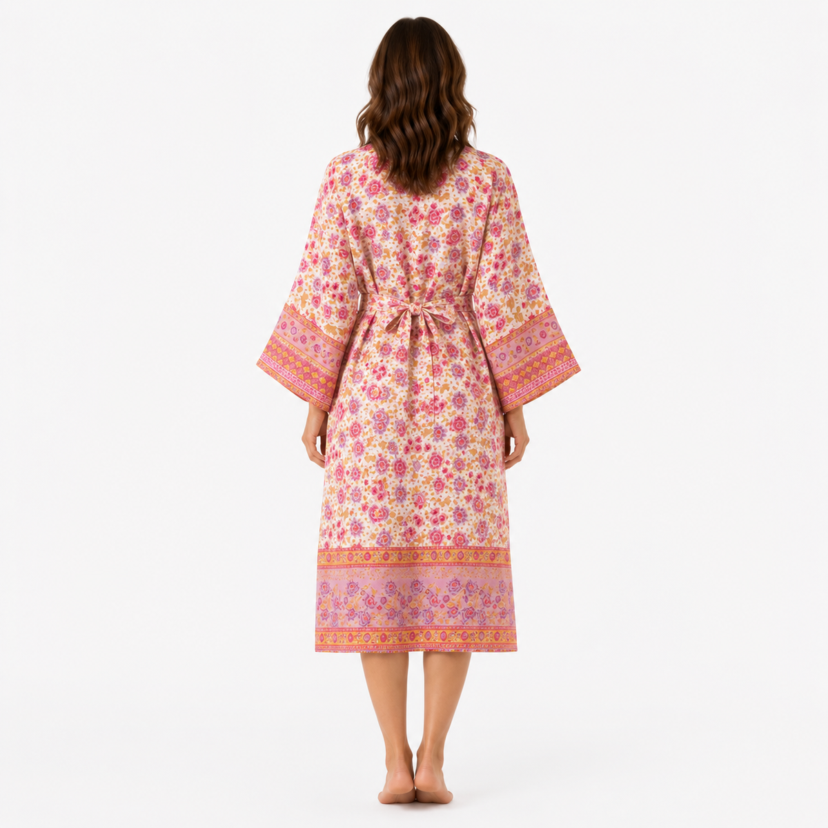 Kimono Long Femme Fleuri Crème Rosée | Mizuha