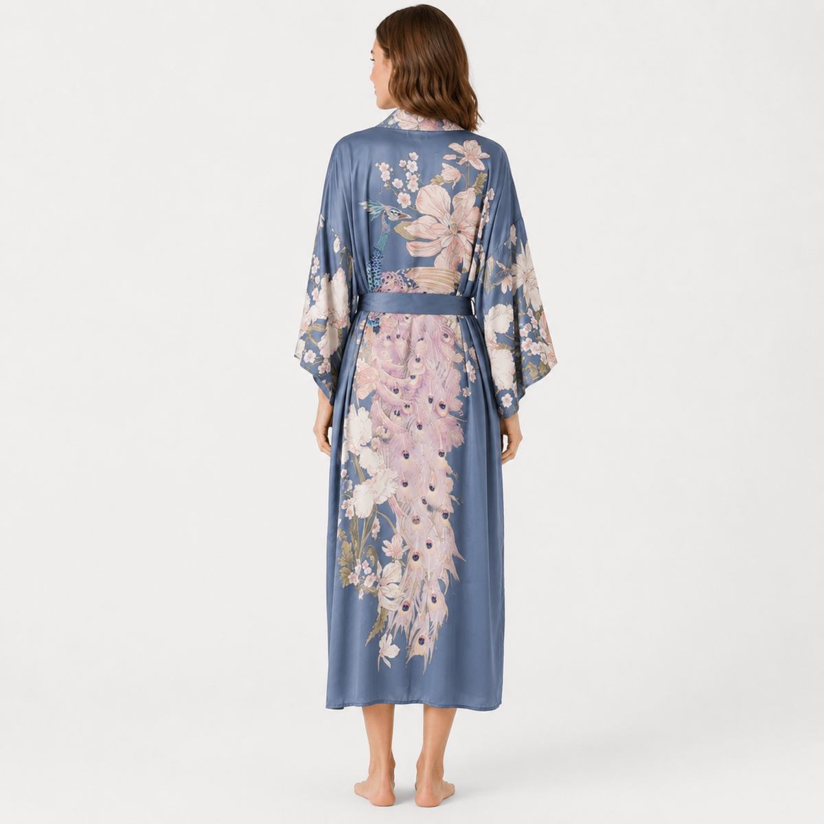 Kimono Femme Long Fleuri Bleu Ardoise | Mizuha