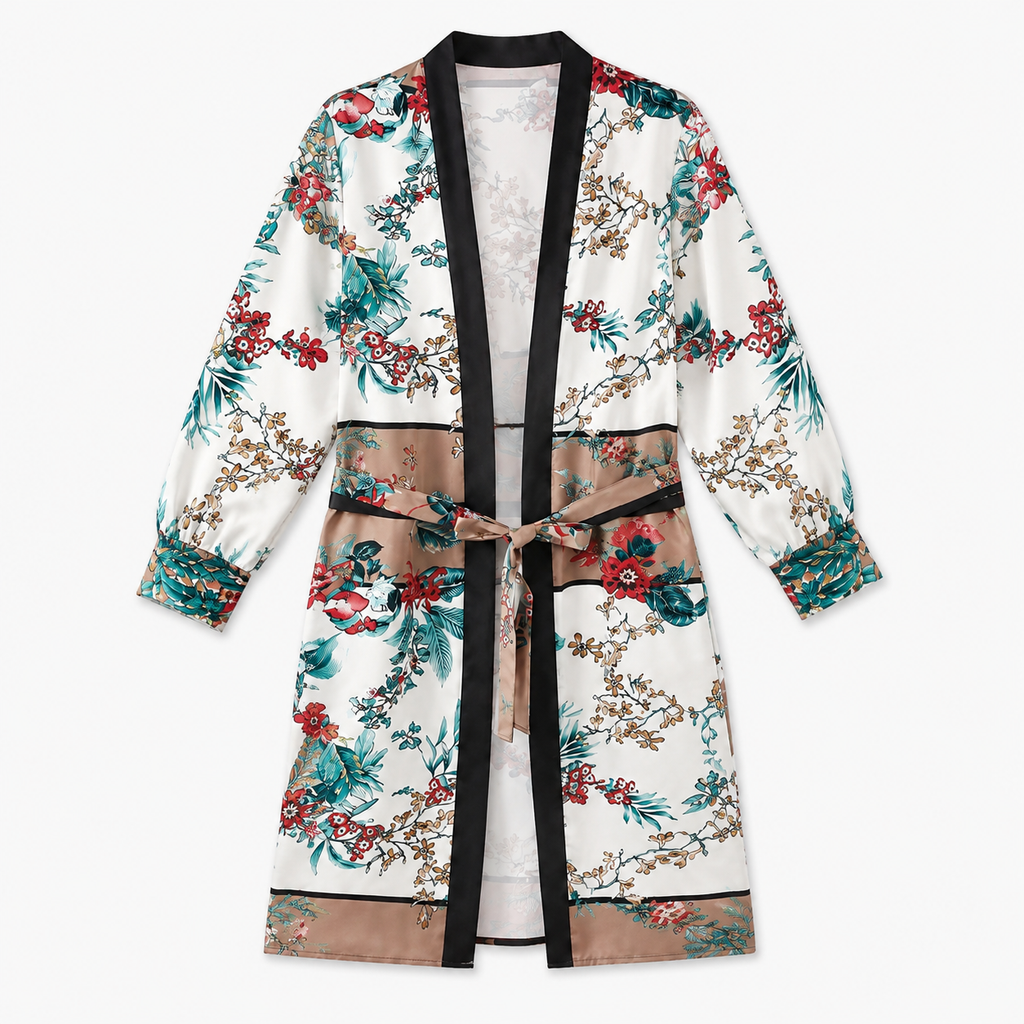 Kimono Femme Satin Fleuri Blanc Long | Mizuki