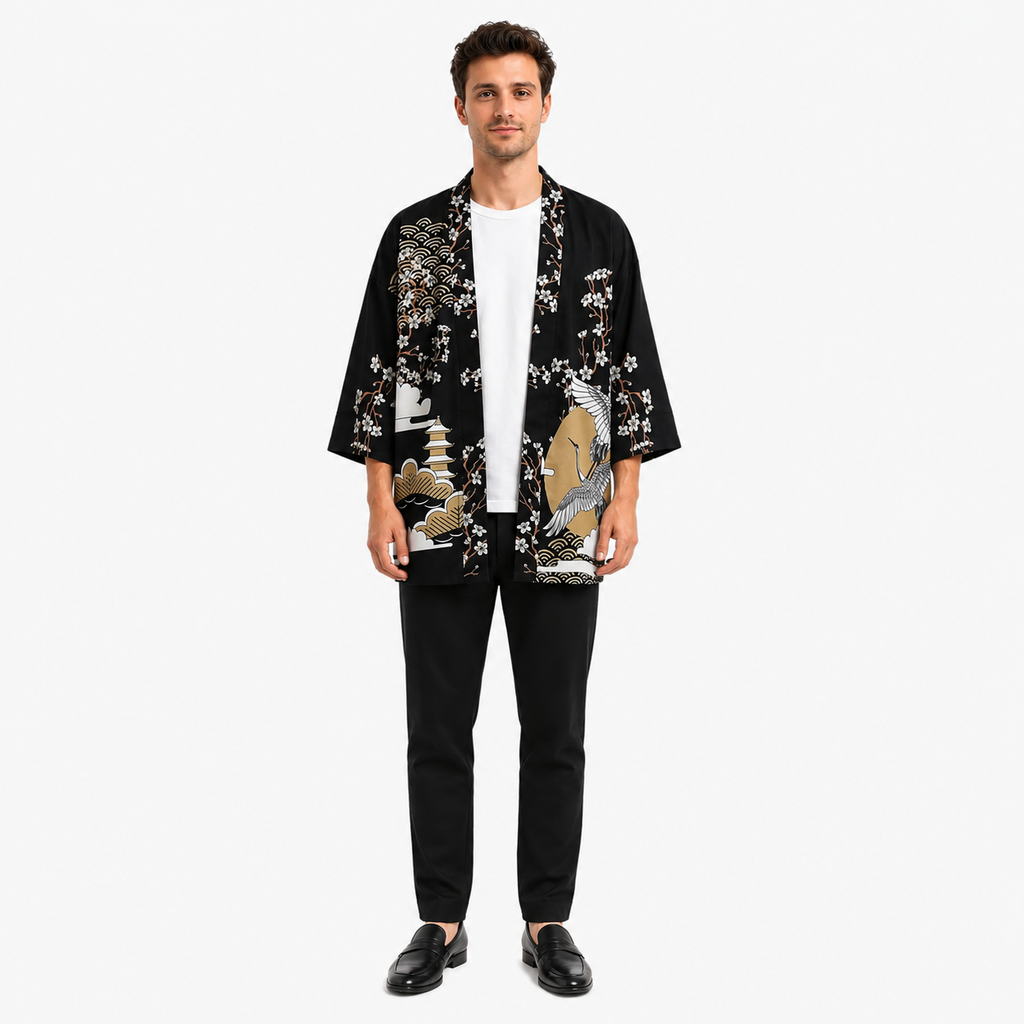Kimono Homme Japonais Noir Streetwear Court | Kurogami