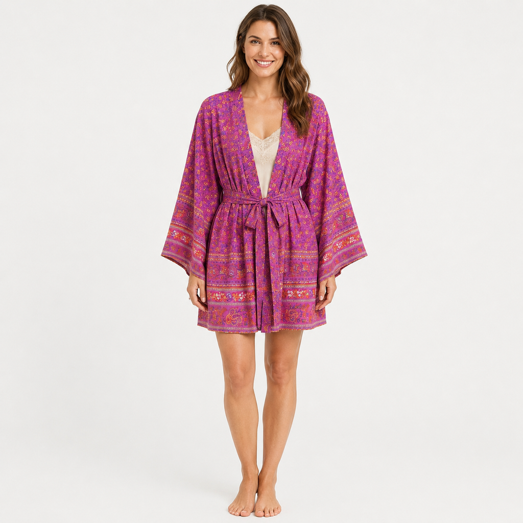 Kimono Court Femme Fleuri Rose Framboise | Momoka