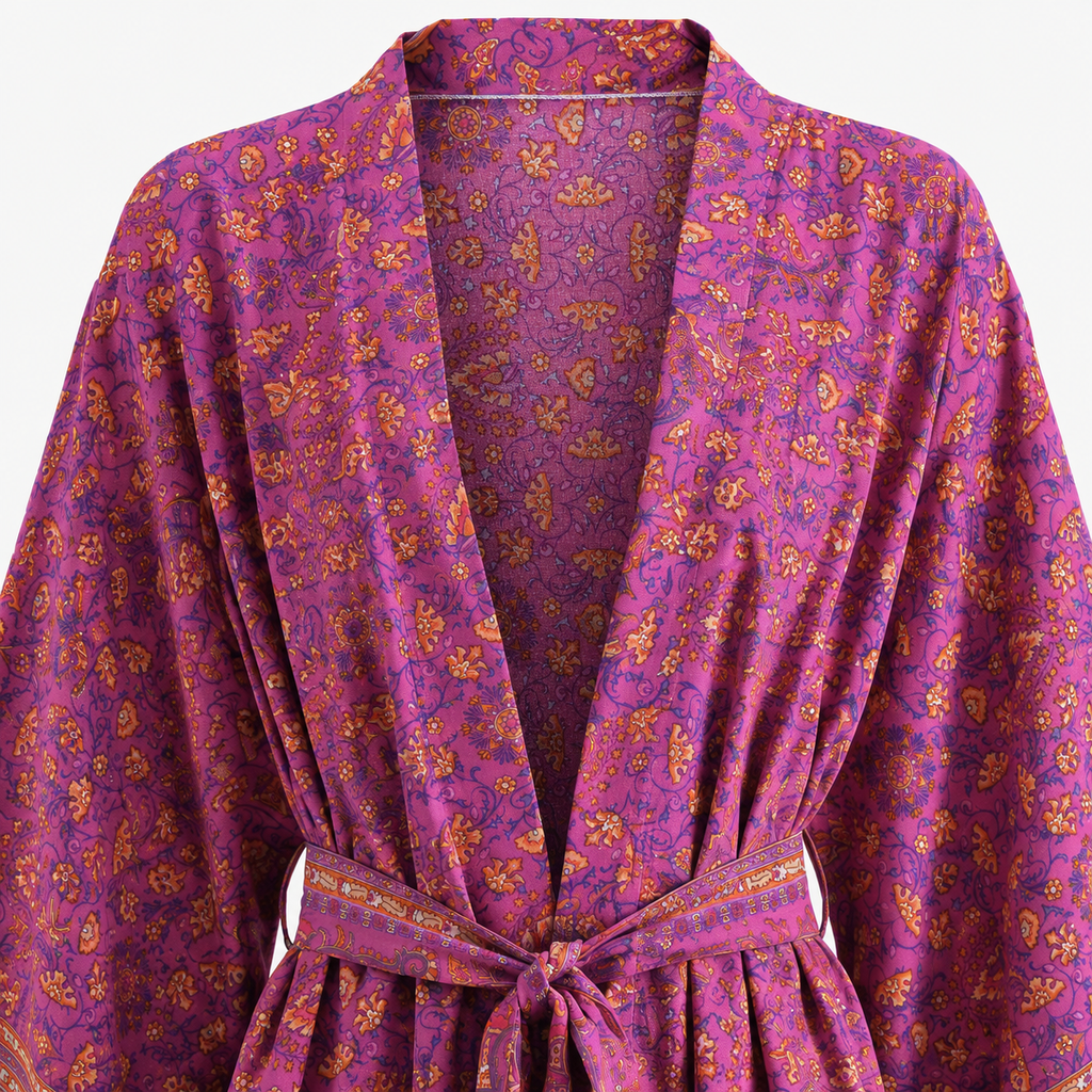 Kimono Court Femme Fleuri Rose Framboise | Momoka