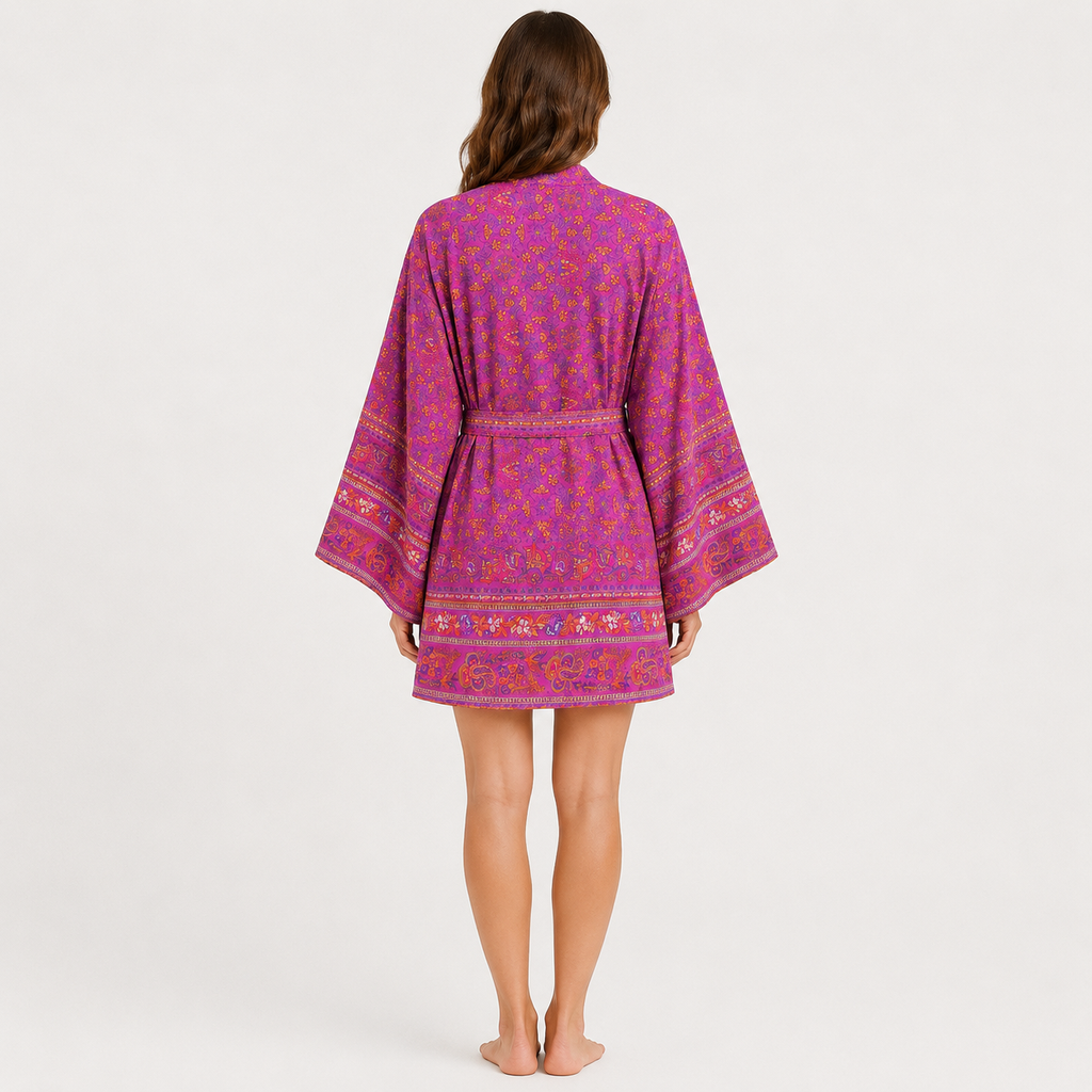 Kimono Court Femme Fleuri Rose Framboise | Momoka