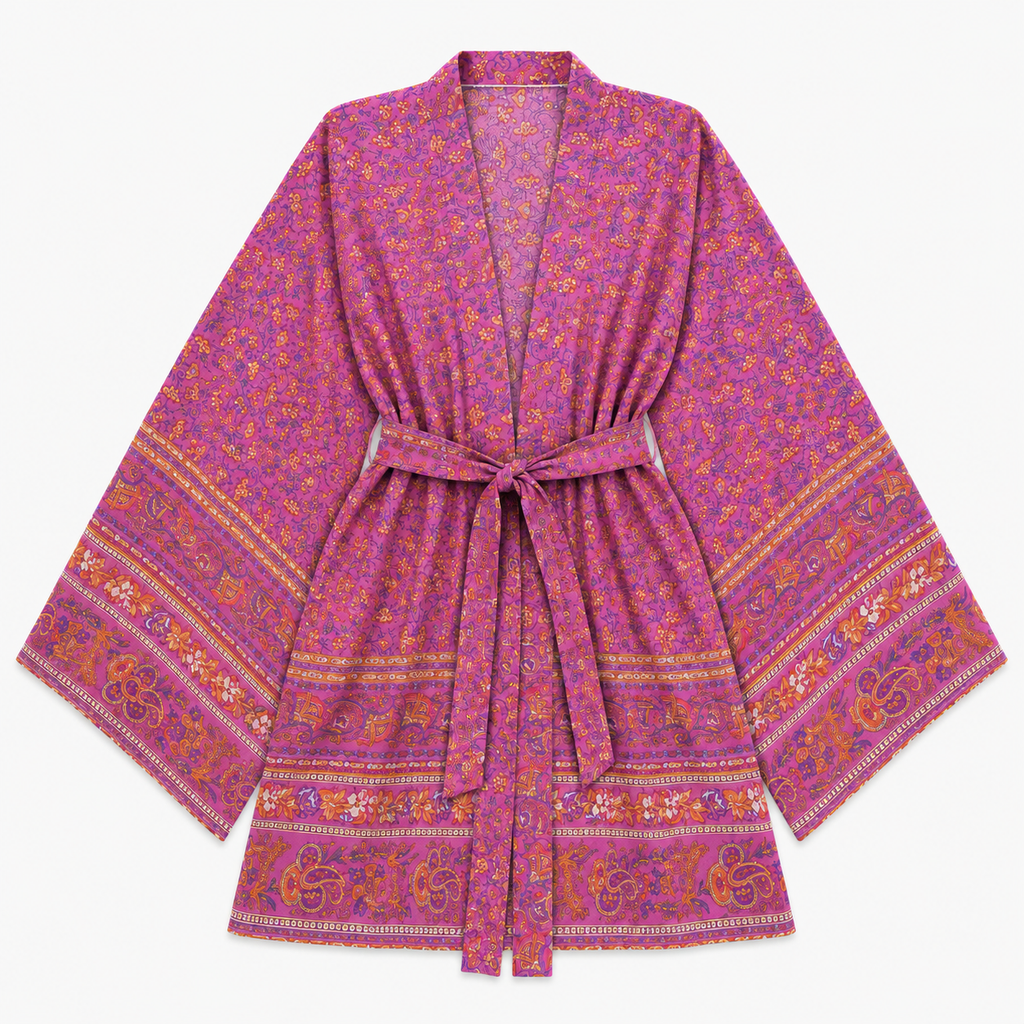 Kimono Court Femme Fleuri Rose Framboise | Momoka
