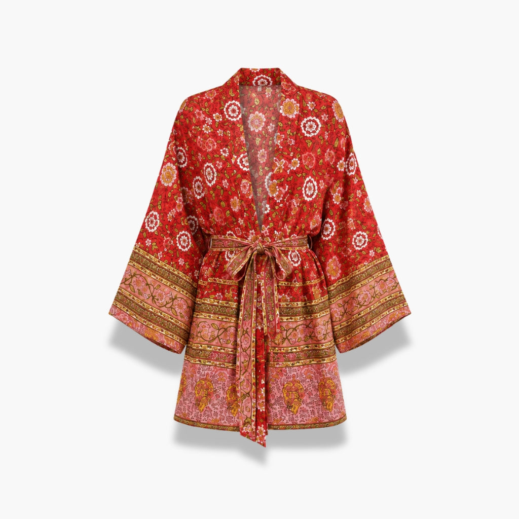 Kimono Femme Japonais Fleuri Rouge Court | Momiji
