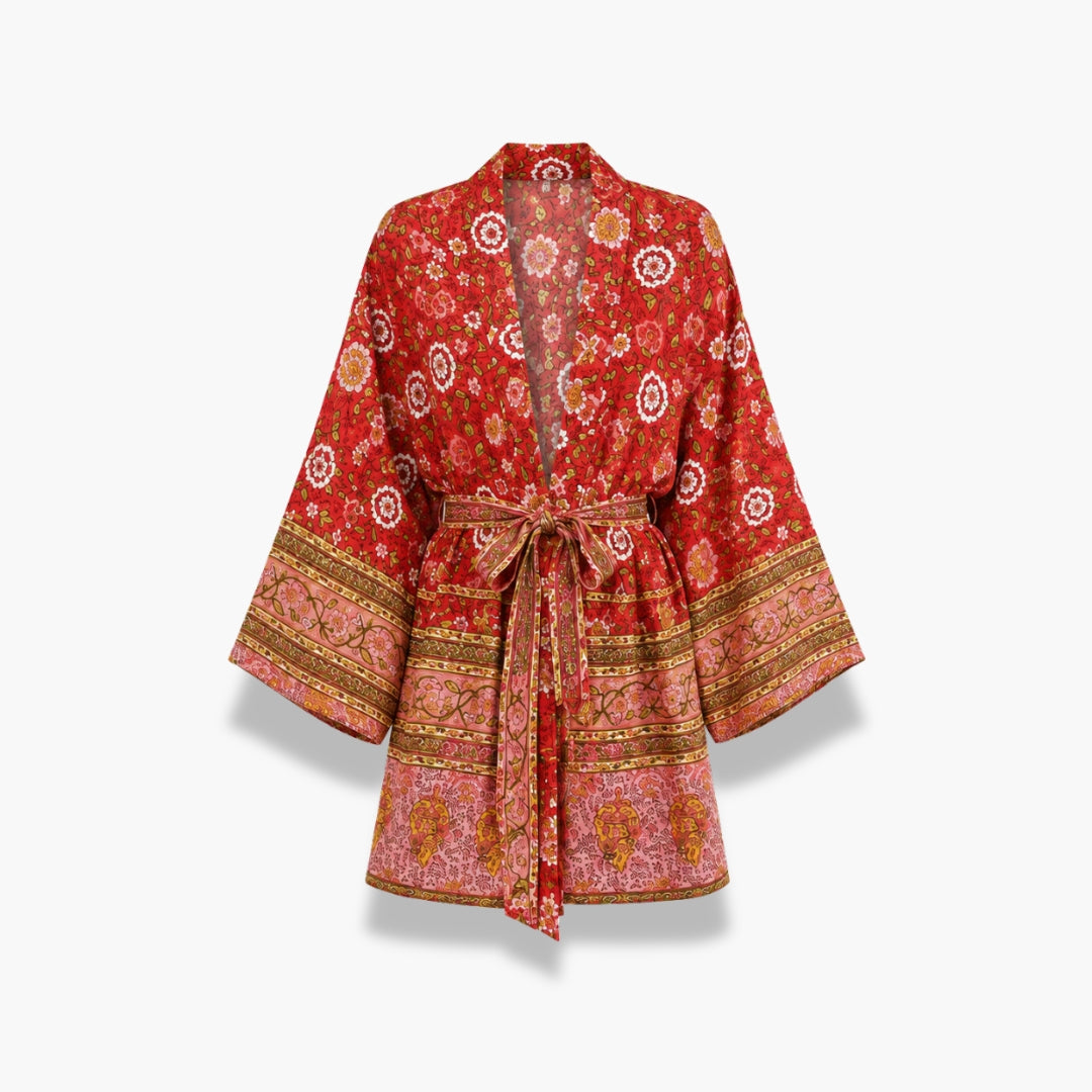 Kimono Femme Japonais Fleuri Rouge Court | Momiji