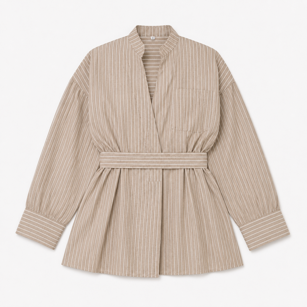Kimono Court Femme Beige Rayé Ceinturé | Kaede