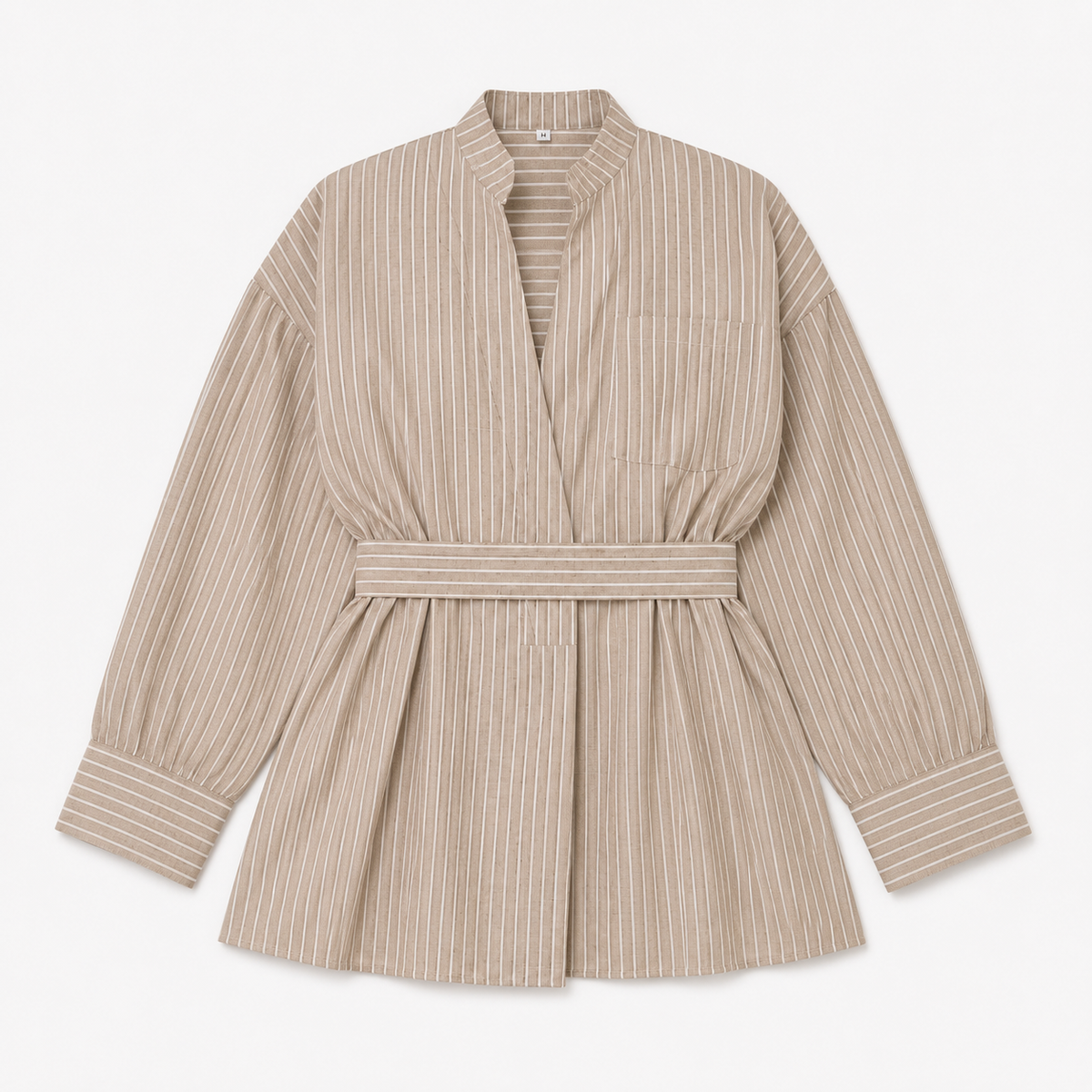 Kimono Court Femme Beige Rayé Ceinturé | Kaede