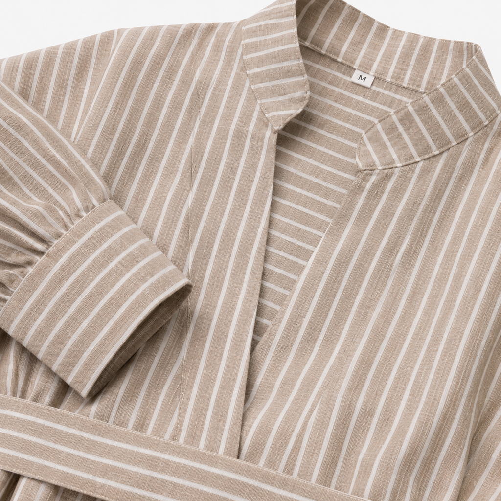 Kimono Court Femme Beige Rayé Ceinturé | Kaede