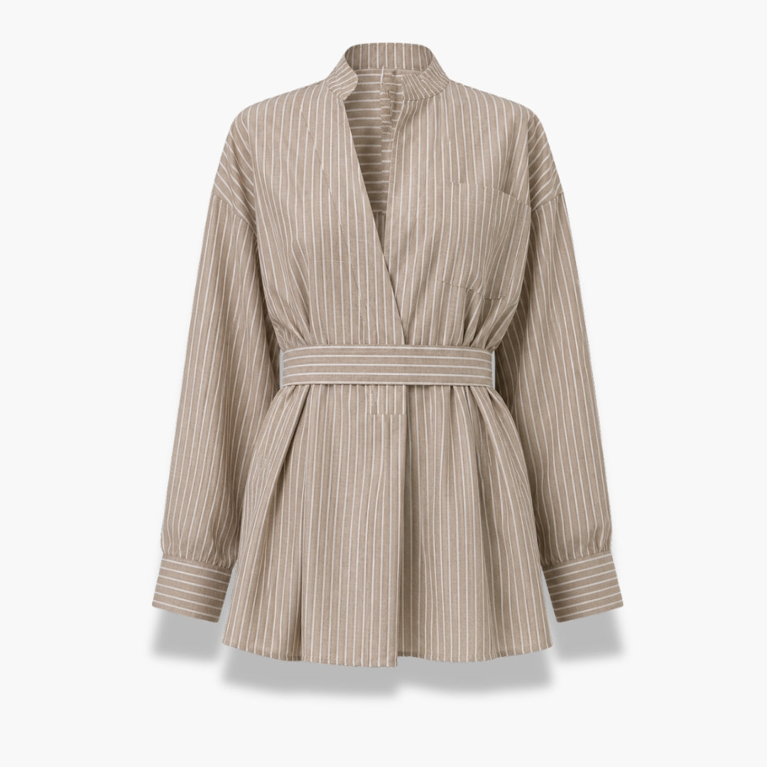 Kimono Court Femme Beige Rayé Ceinturé | Kaede