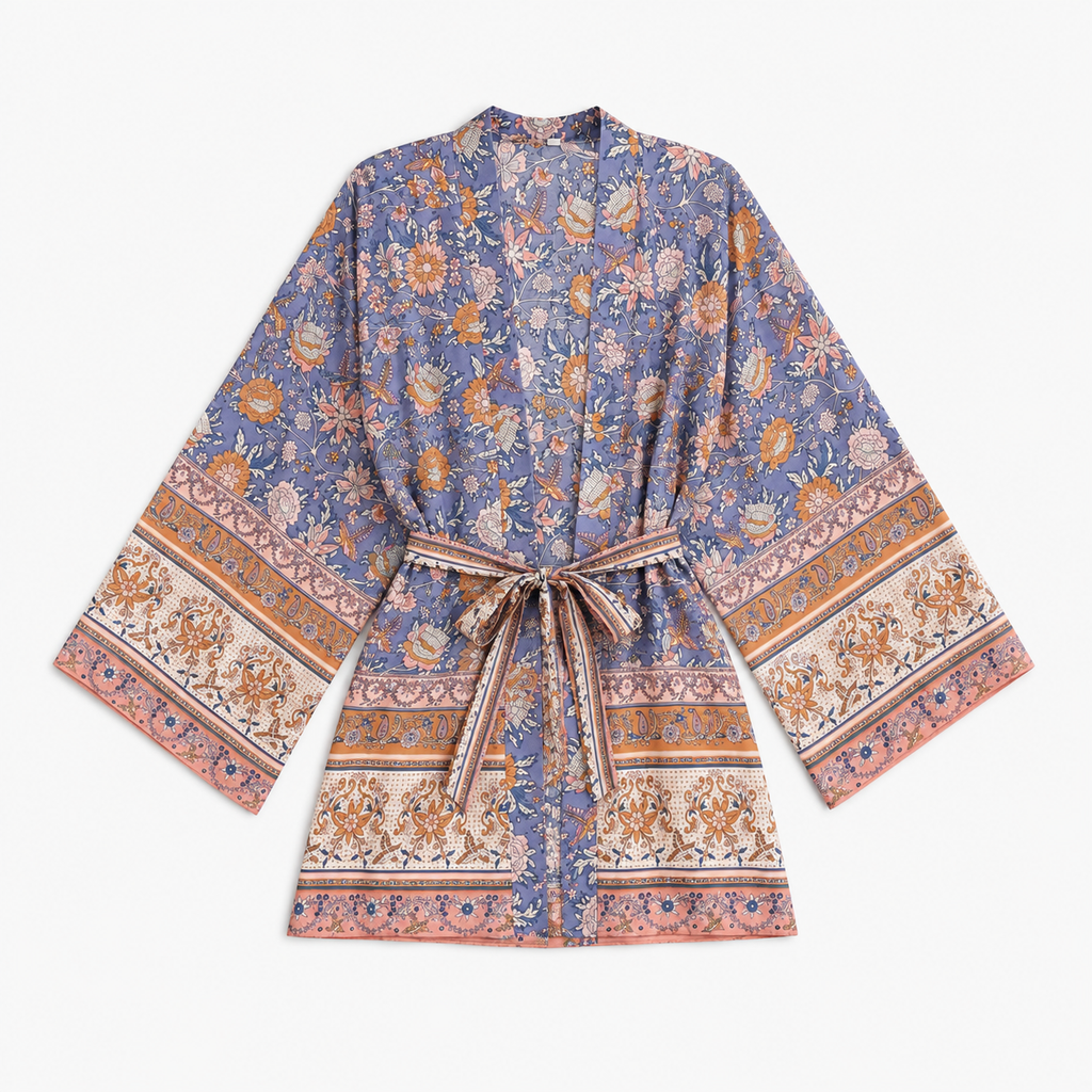 Kimono Court Femme Fleuri Bleu Lavande | Momoka