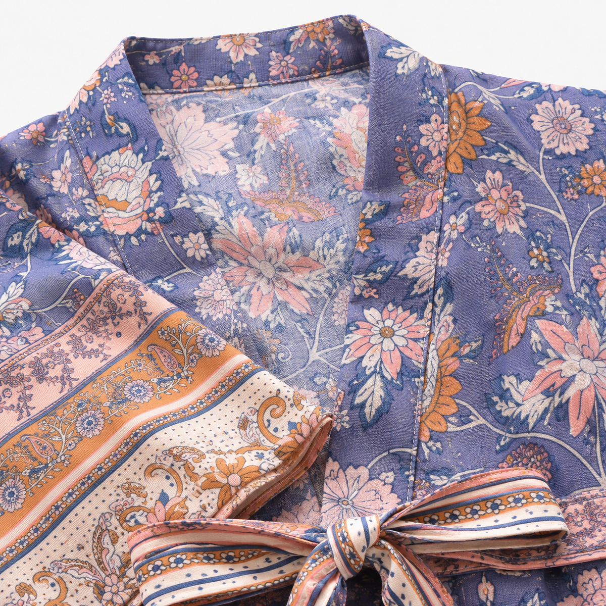 Kimono Court Femme Fleuri Bleu Lavande | Momoka
