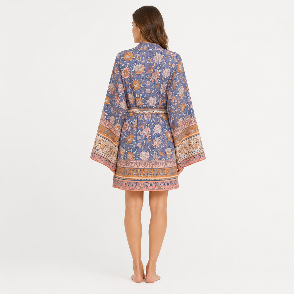 Kimono Court Femme Fleuri Bleu Lavande | Momoka