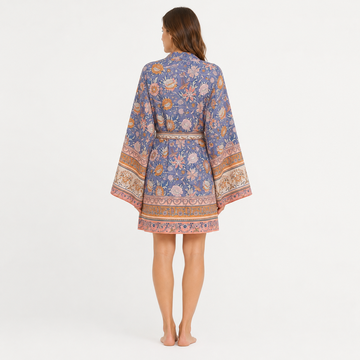 Kimono Court Femme Fleuri Bleu Lavande | Momoka