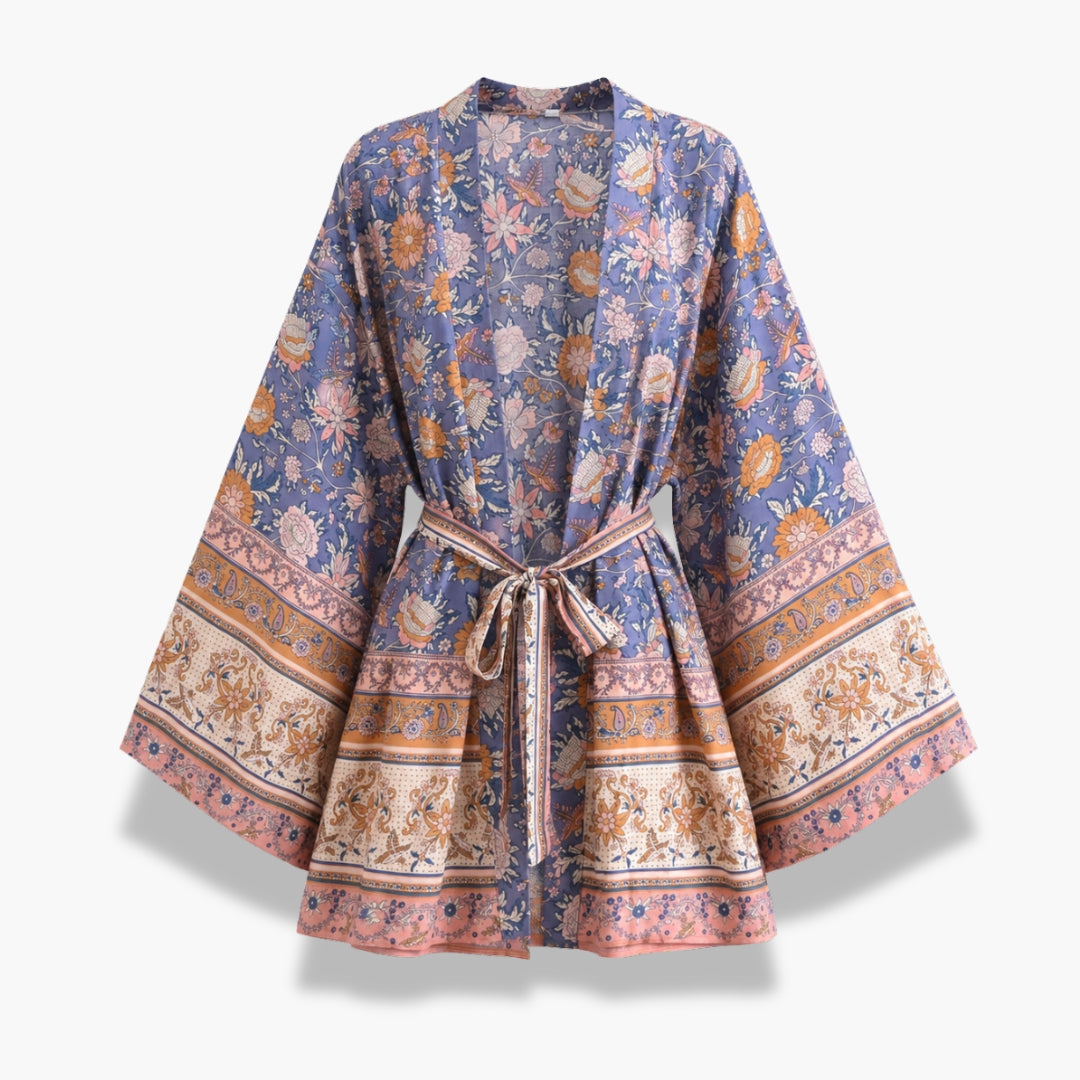 Kimono Court Femme Fleuri Bleu Lavande | Momoka