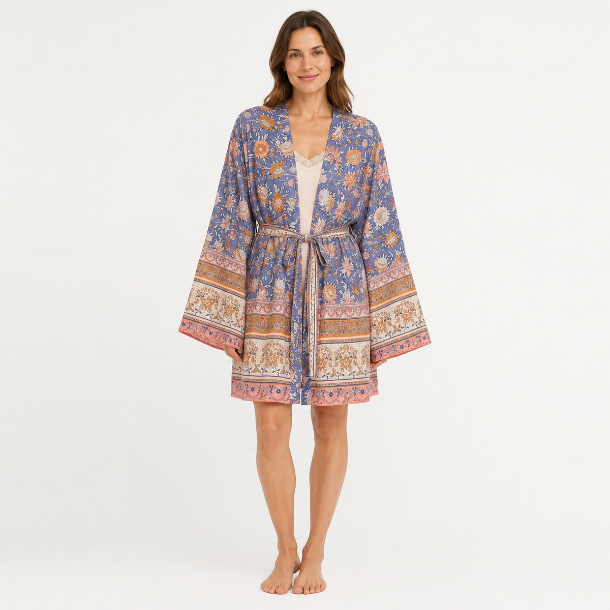 Kimono Court Femme Fleuri Bleu Lavande | Momoka