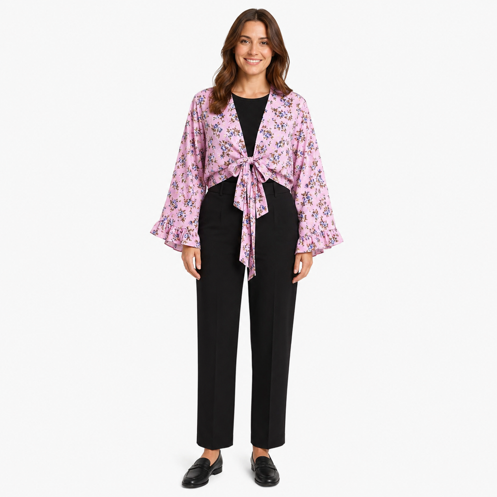 Kimono Court Femme Rose Fleuri Cache-Cœur | Asuka