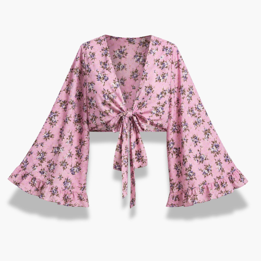 Kimono Court Femme Rose Fleuri Cache-Cœur | Asuka