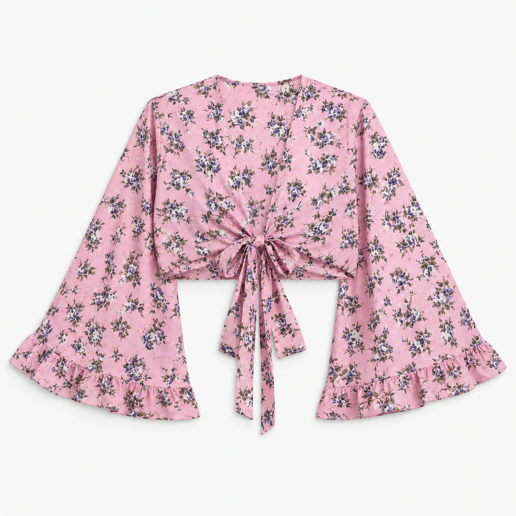 Kimono Court Femme Rose Fleuri Cache-Cœur | Asuka