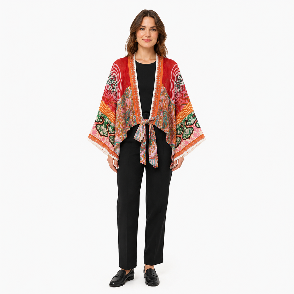 Kimono Court Femme Rouge Bohème Cache-Cœur | Momiji