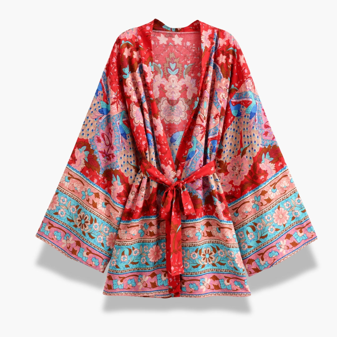 Kimono Court Femme Rouge Fleuri à Paons | Akane