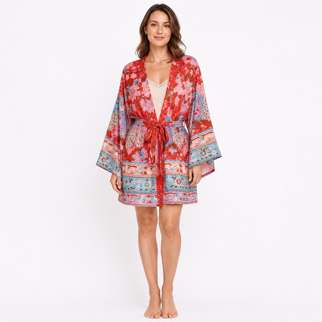 Kimono Court Femme Rouge Fleuri à Paons | Akane