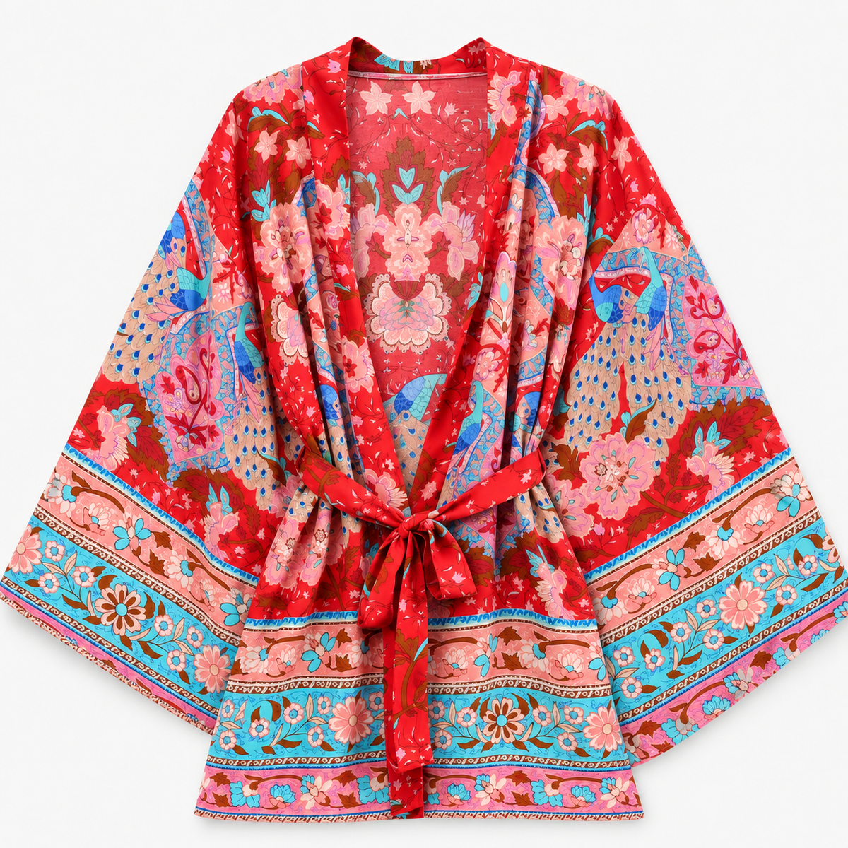 Kimono Court Femme Rouge Fleuri à Paons | Akane