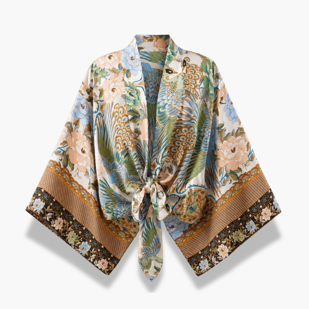 Kimono Femme Cache-cœur Fleuri Blanc Court | Botan