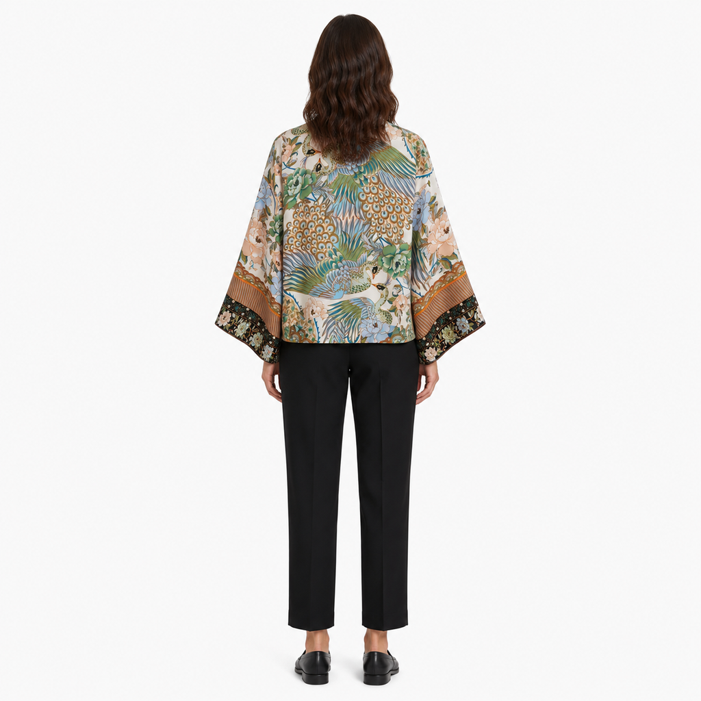 Kimono Femme Cache-cœur Fleuri Blanc Court | Botan