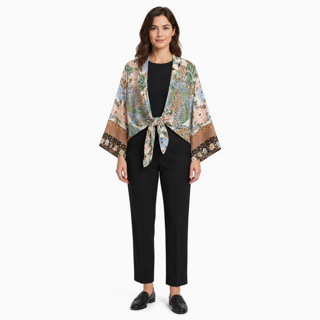 Kimono Femme Cache-cœur Fleuri Blanc Court | Botan