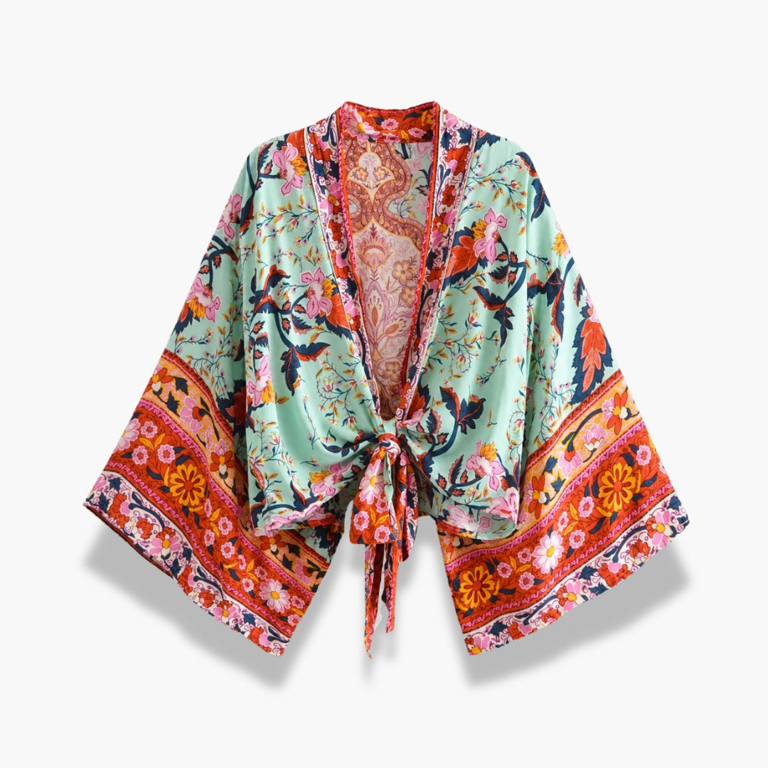 Kimono Femme Coton Fleuri Crème Rosée Court | Momiji