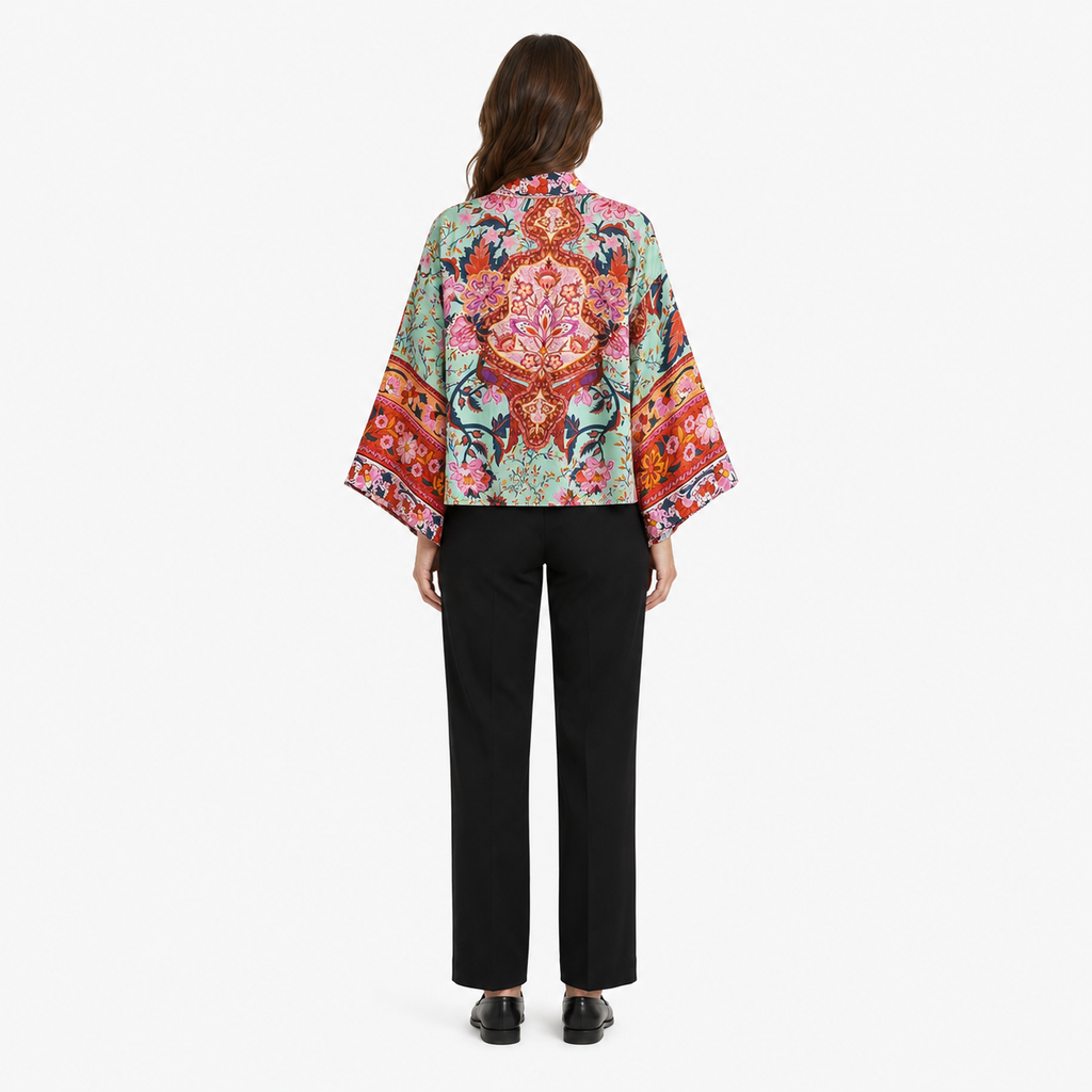 Kimono Femme Coton Fleuri Crème Rosée Court | Momiji