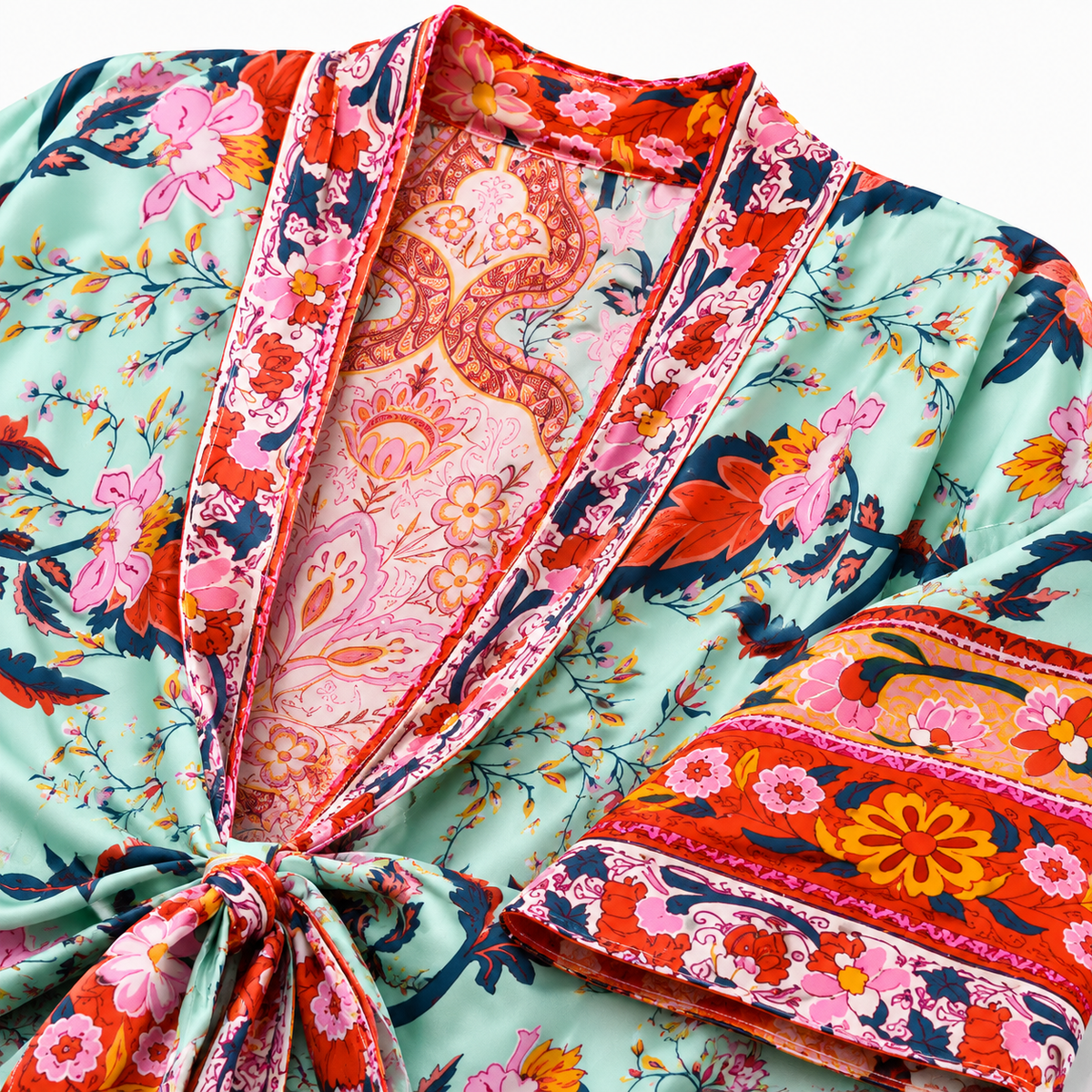 Kimono Femme Coton Fleuri Crème Rosée Court | Momiji