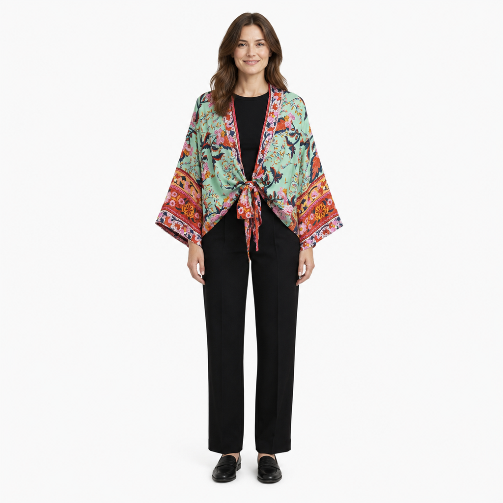 Kimono Femme Coton Fleuri Crème Rosée Court | Momiji