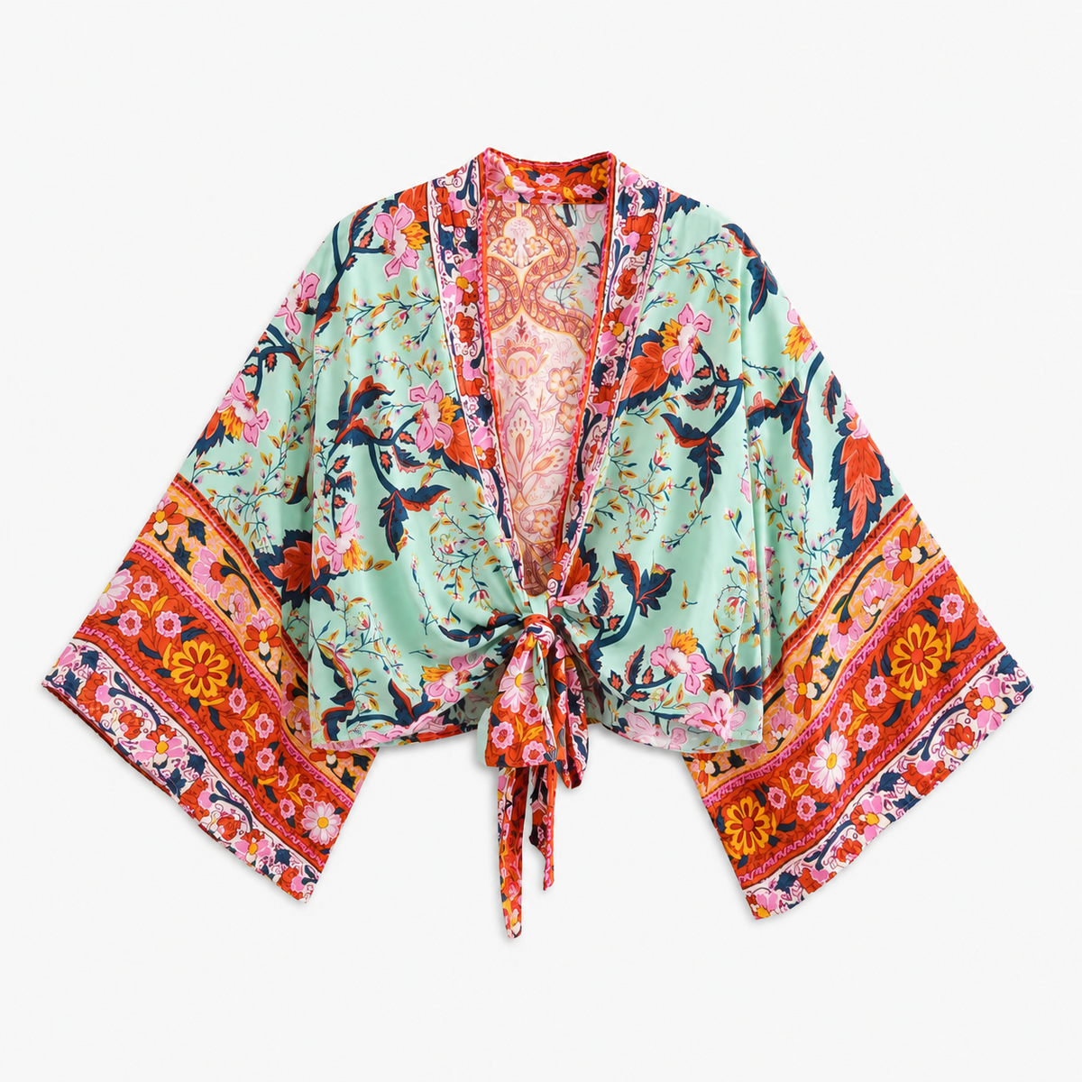 Kimono Femme Coton Fleuri Crème Rosée Court | Momiji