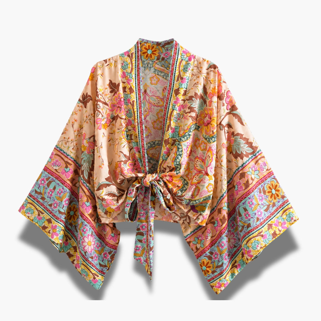 Kimono Femme Coton Fleuri Crème Rosée Court | Momiji