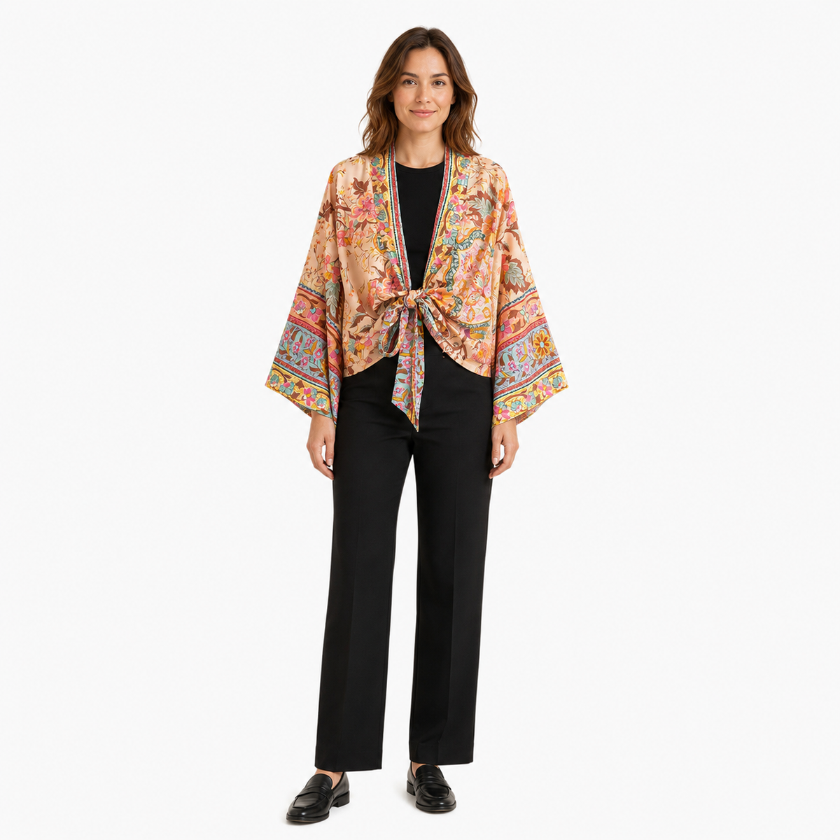 Kimono Femme Coton Fleuri Crème Rosée Court | Momiji