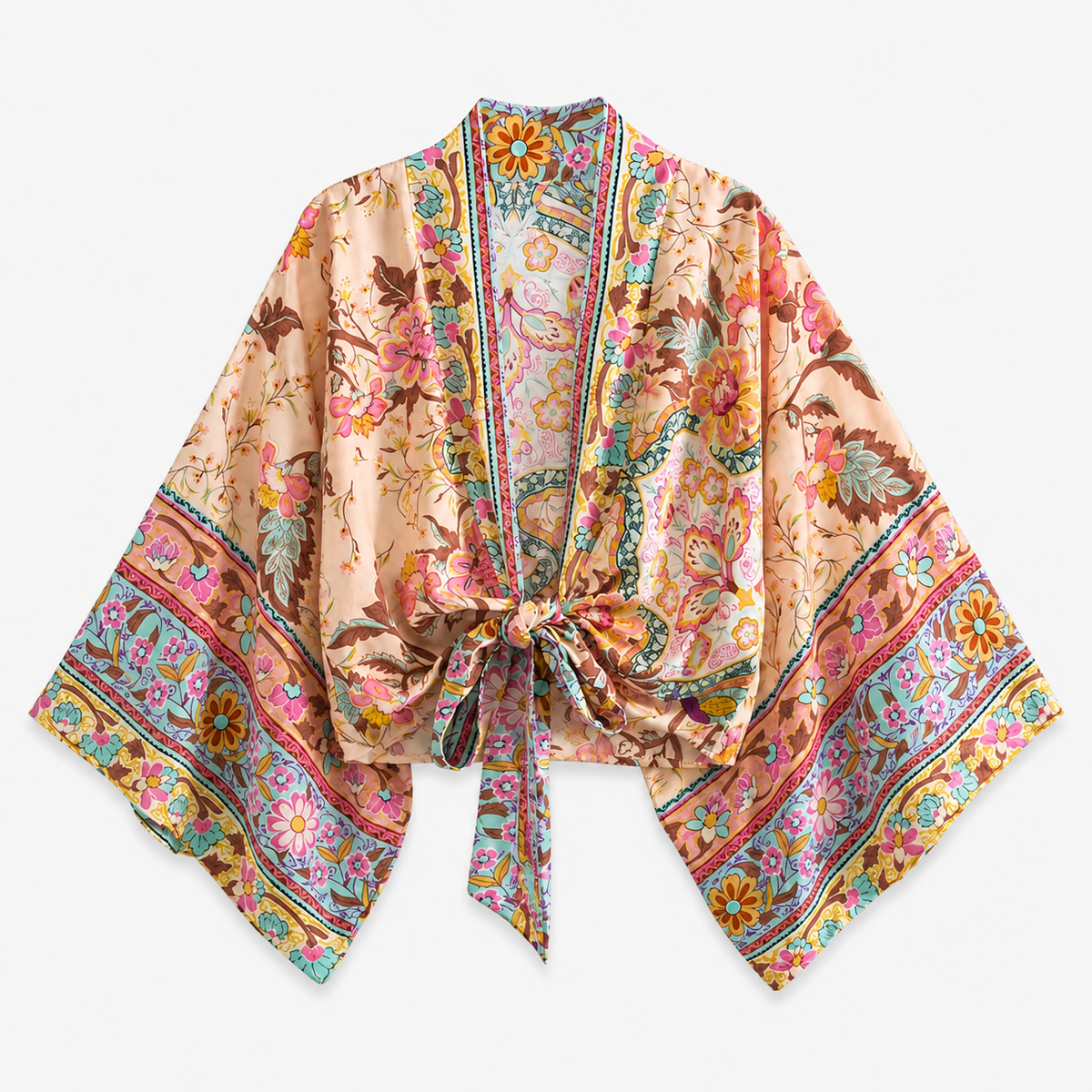 Kimono Femme Coton Fleuri Crème Rosée Court | Momiji