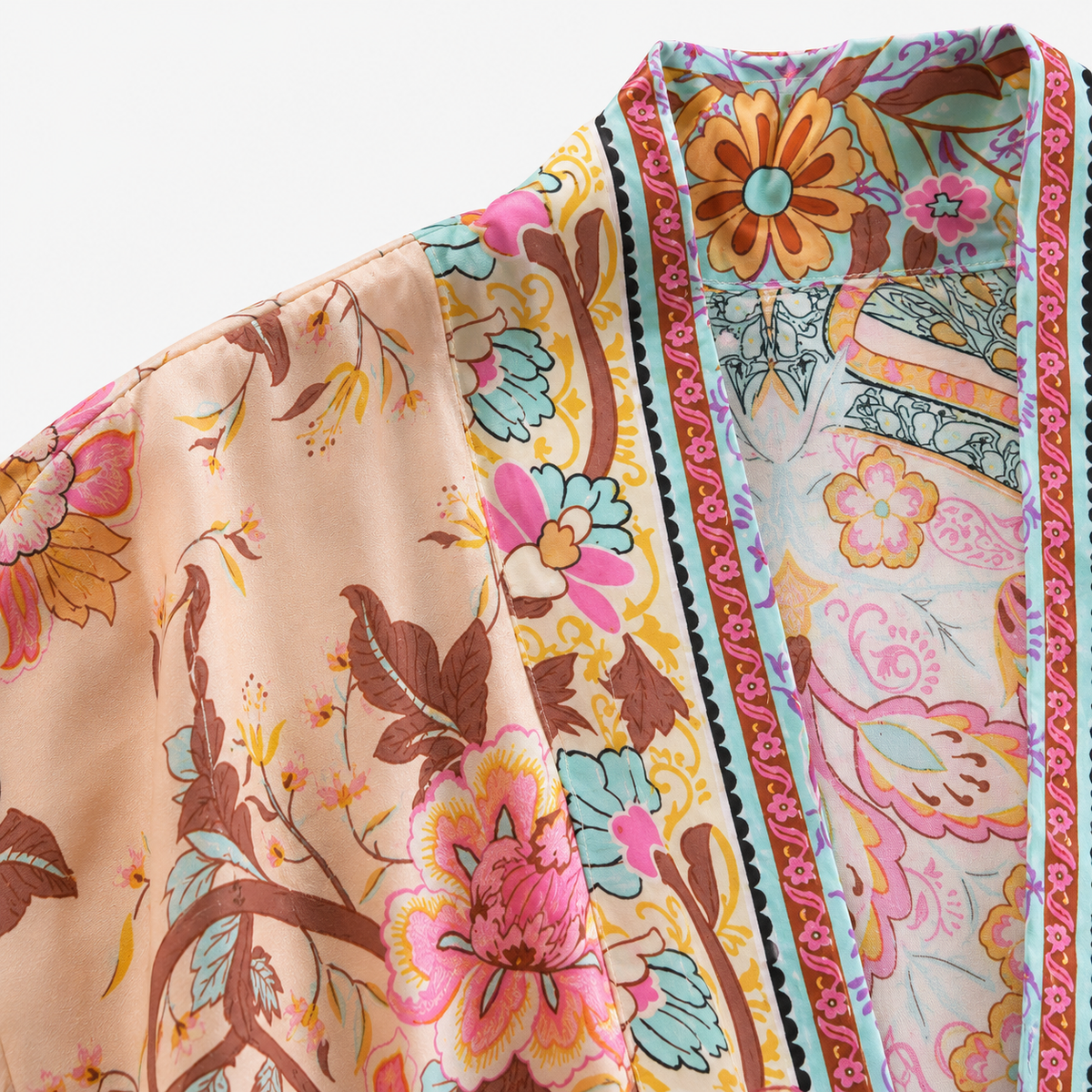 Kimono Femme Coton Fleuri Crème Rosée Court | Momiji