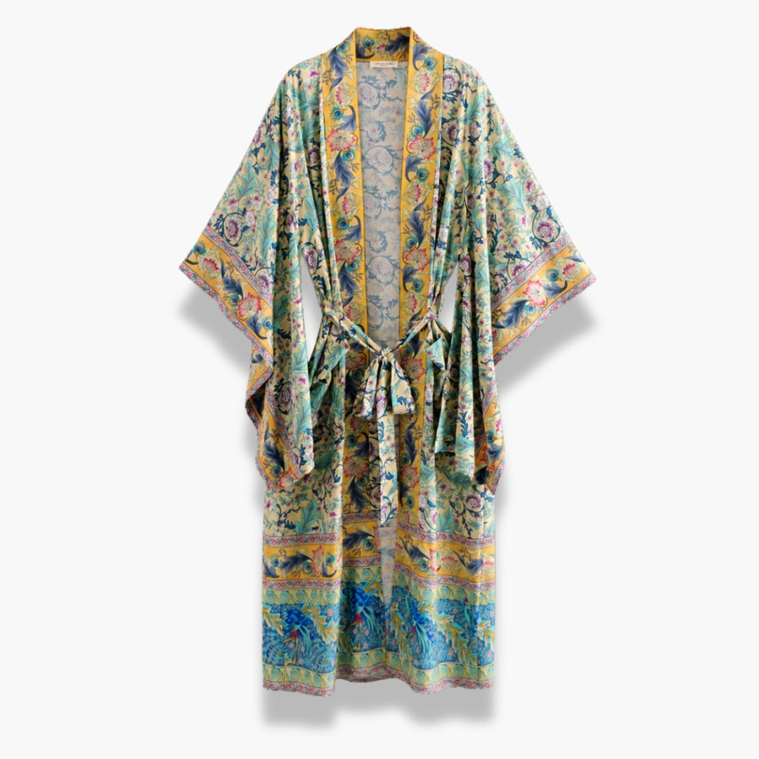 Kimono Femme Coton Fleuri Ocre Long | Kaede