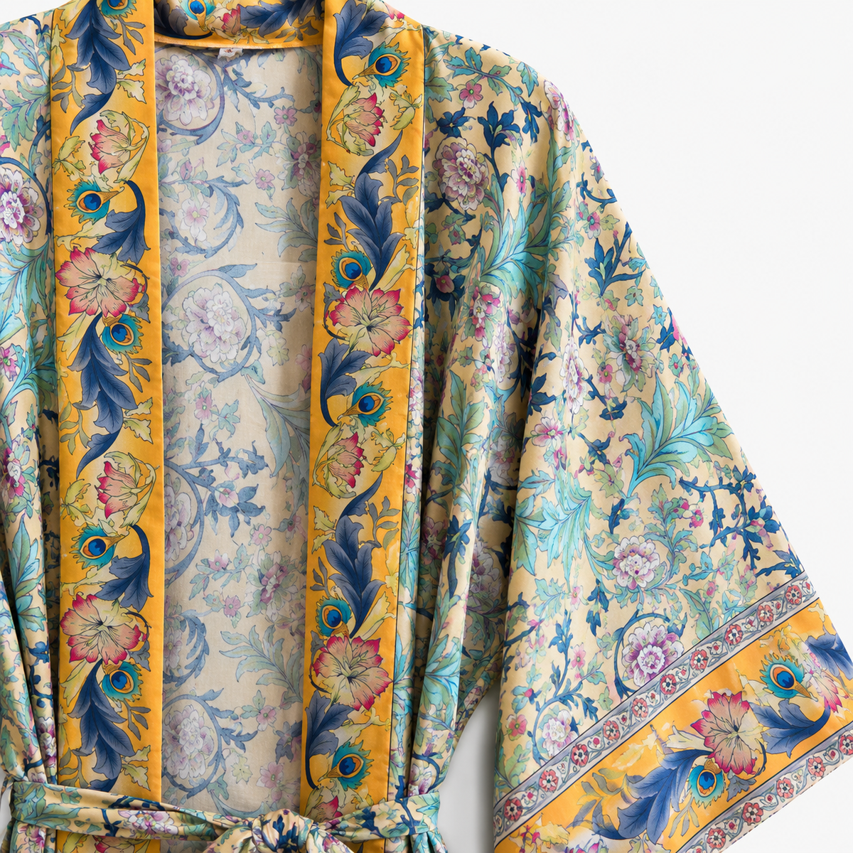 Kimono Femme Coton Fleuri Ocre Long | Kaede