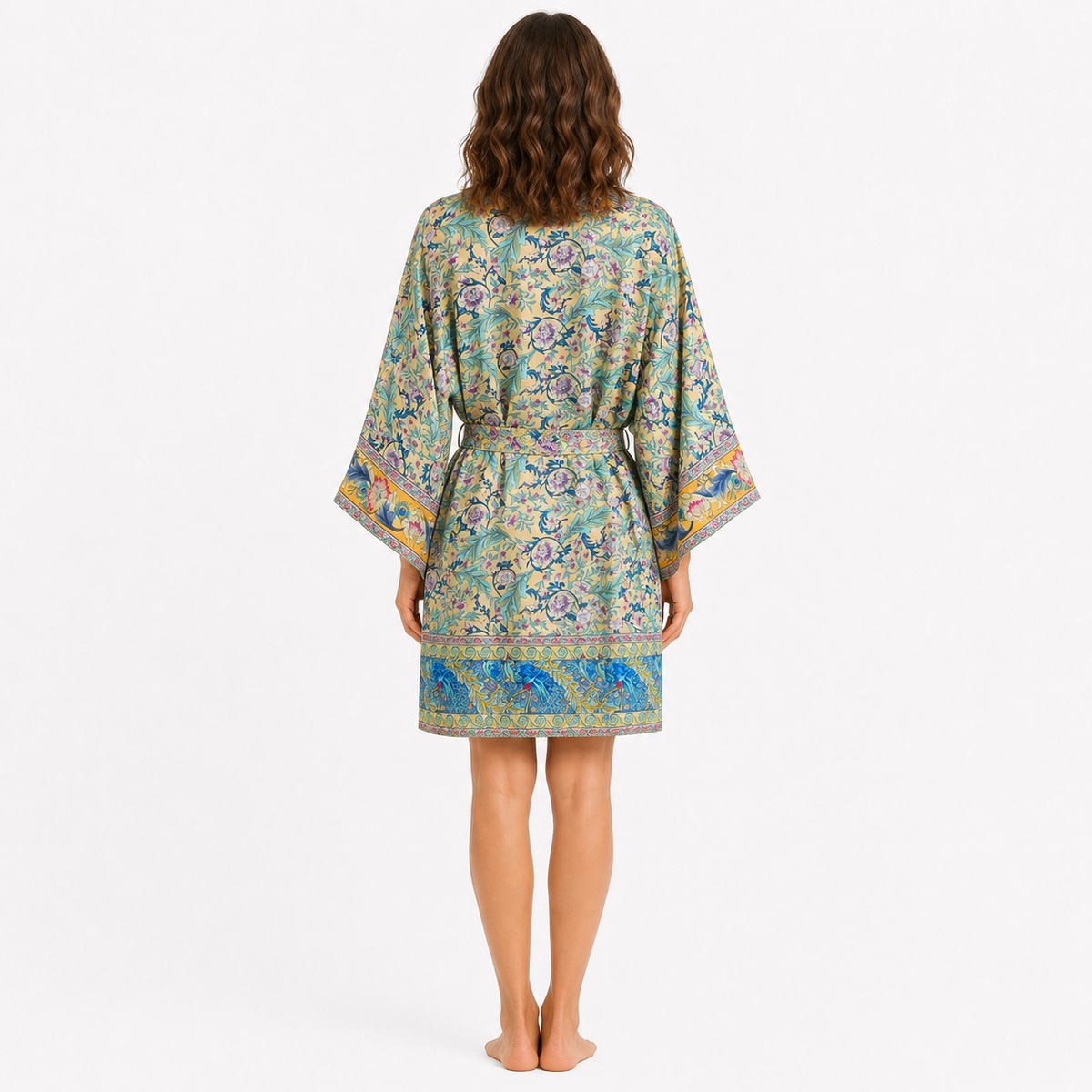 Kimono Femme Coton Fleuri Ocre Long | Kaede